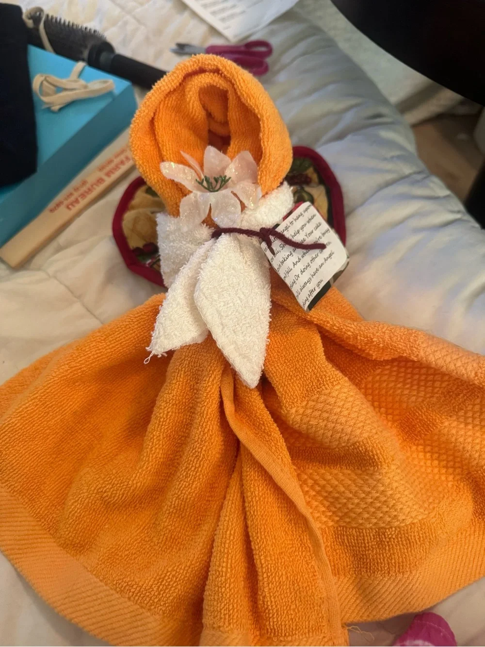 Hand Towel Dress with White Bow and Flower Accent - Orange